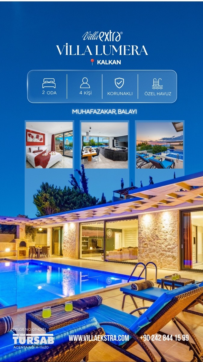 Villa Lumera Kalkan ilan tasarımı: üstte villa adı ve konum, oda sayısı, kişi kapasitesi, korunaklı ve özel havuz simgeleri, altta üç iç mekân karesi ve gece aydınlatmalı havuz fotoğrafı.